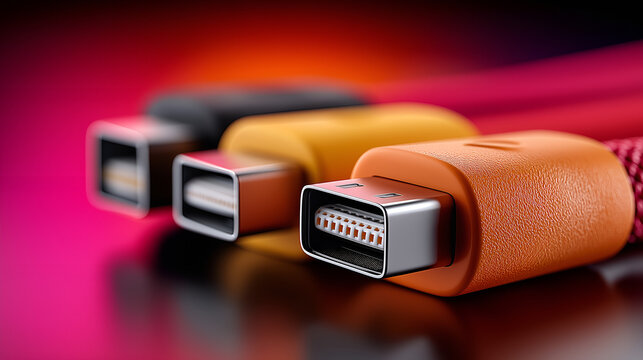 High-speed Data Cables: Close-up shot of three high-speed data cables with different colored connectors.  The cables feature a modern design, emphasizing their sleek and high-tech appearance.
