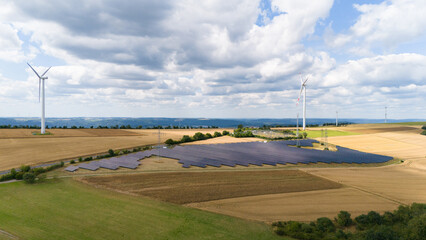 Solar panel power station, wind turbine, renewable efficient sustainable energy, electricity and...