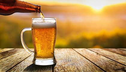 beer glass pouring refreshing drink in sunny outdoor setting