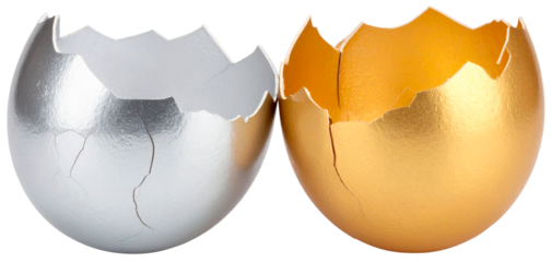 half cracked of silver and golden egg isolated on white background