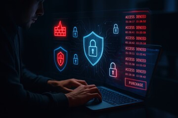 Cybersecurity Interface Showing Access Denied Alert, Digital Locks, and Firewall Protection on Laptop
