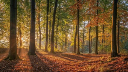 Scenic autumn forest with tall trees and warm golden sunlight shining through colorful foliage.