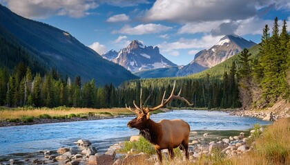 a majestic elk grazes by a serene river with mountains in the background
