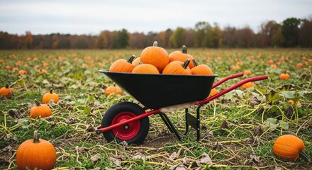 Harvested pumpkins in a wheelbarrow on a vibrant pumpkin field during autumn.