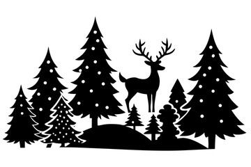 Obraz premium Vector art of silhouette of Christmas tree with deer 