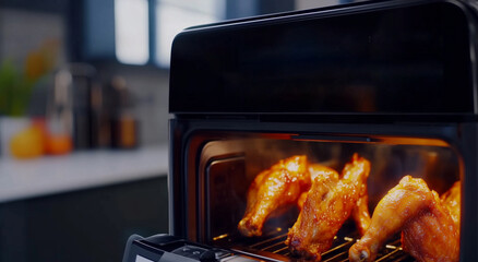 Crispy chicken legs cooking in modern air fryer, showcasing delicious golden brown color. kitchen setting adds warmth and comfort