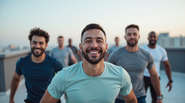 Energetic group of men running together on rooftop, showcasing camaraderie and fitness. Their smiles reflect joy and motivation