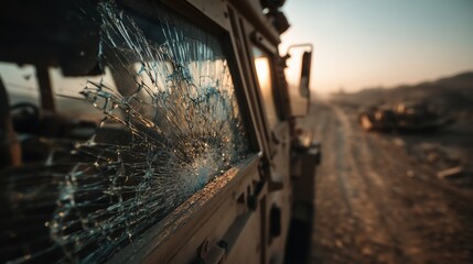 Cracked Windshield Close-Up on War Vehicle