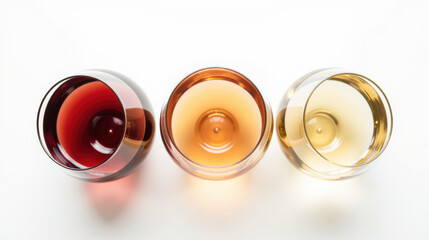 Elegant glassware showcasing three different colored beverages, creating visually appealing arrangement. rich hues of red, amber, and gold evoke