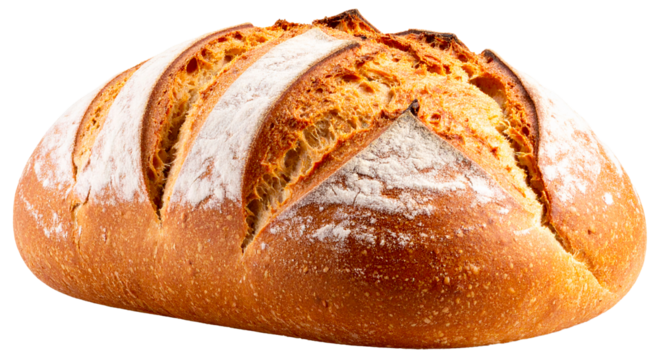 loaf of bread with flour leftover isolated on white background