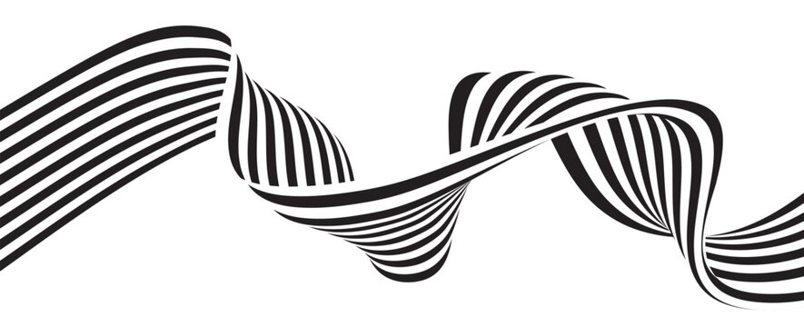 Black on white abstract perspective line wave stripes with 3d dimensional effect isolated on white. vector