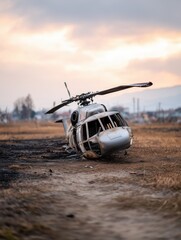 Field Wreck of Helicopter in Golden Light