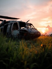 Crashed Military Aircraft in Grass Field