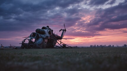 Wrecked Military Helicopter in Sunset Field