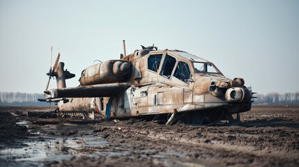 Destroyed Helicopter Wreckage Outdoors