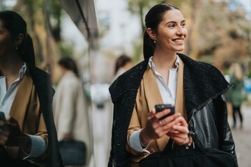 A cheerful professional-looking woman stands outside holding a phone, dressed stylishly. Her confident smile reflects success and positivity. The scene suggests business and city life, with a modern