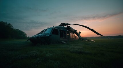 Charred Military Helicopter at Dusk