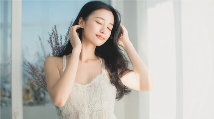 Woman Enjoying Sunlight with Closed Eyes and Relaxed Pose

