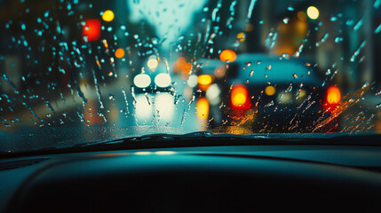 Rainy city street view through car windshield, showcasing blurred lights and raindrops, creating moody atmosphere
