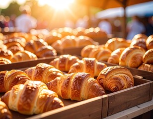 Fresh croissants in wooden trays under sunlight