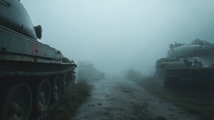 Misty Morning Battlefield With Tanks