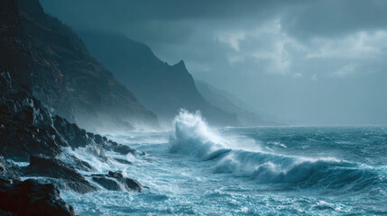Fototapeta premium The stunning landscape of rugged cliffs and the crashing waves of the ocean.