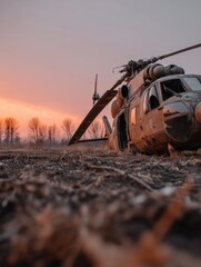 Wreckage of Military Chopper at Sunset