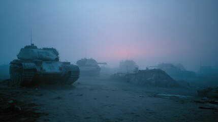 Foggy Battlefield With Abandoned Tanks