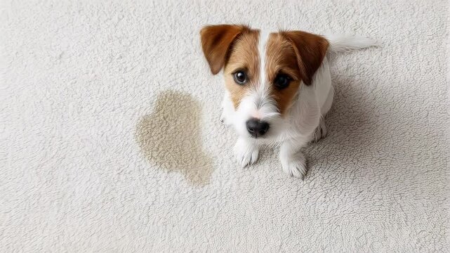 Remorseful Jack Russell puppy showing guilty expression standing near chewed pillow after accident during housebreaking learning