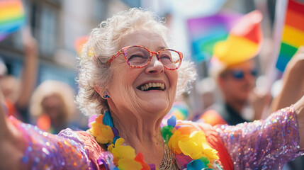 Medium close-up of an elderly woman dancing joyfully at a Pride event, surrounded by rainbow flags and friends