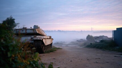 Battlefield Tanks in Dense Morning Fog