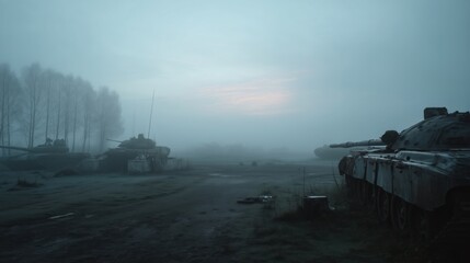 Eerie Battlefield With Deserted Tanks