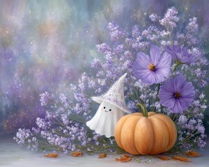 Charming halloween pumpkin decoration, cozy purple flowers background and witch hat on ghost, spooky event scene, dreamy seasonal aesthetic, and trick or treat vibe.