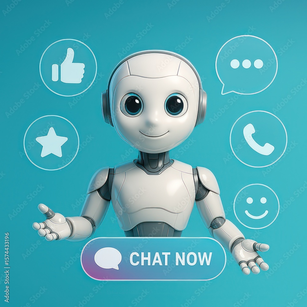 Poster an adorable robot stands at the forefront of technological progress, surrounded by digital communica