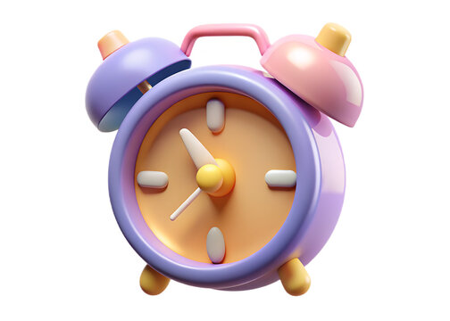 3d render of a pastel alarm clock with pink and purple bells and yellow accents on a black background