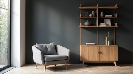 grey barrel chair against of window and wooden shelving unit and cabinet