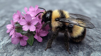 A bee rests on a cluster of delicate purple flowers.