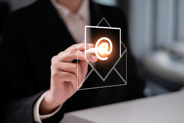 Business man receive send electronic mail email computer laptop smartphone mail marketing business...
