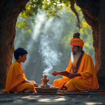 Ancient Gurukul Teaching Scene in Forest &ndash; Guru and Shishya in Meditation
A serene depiction of traditional Indian education in a forest Gurukul setting, 