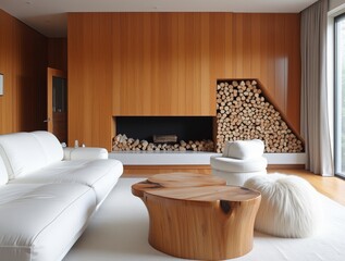 tree stump coffee table near white sofa and pouf against wood paneling wall with fireplace