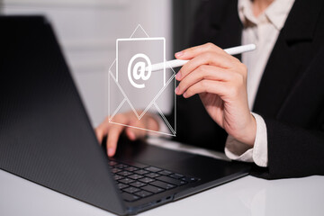 Business man receive send electronic mail email computer laptop smartphone mail marketing business communication technology digital online concept