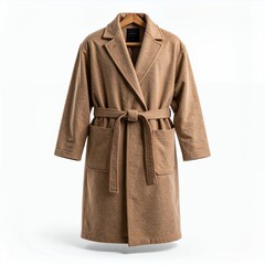 Elegant woolen overcoat, fashionably draped, reflecting upscale style, sophisticated silhouette on white background
