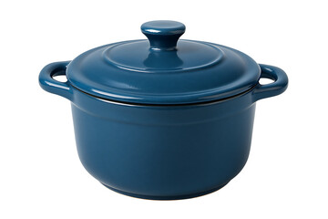 Blue ceramic cooking pot with lid and side handles isolated on transparent background