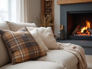 beige sofa with plaid and fur cushion against of fireplace 