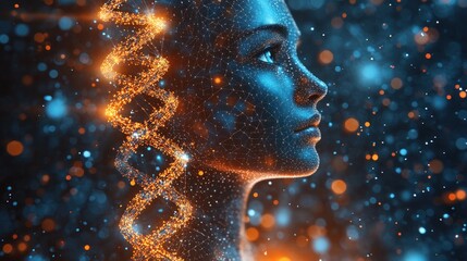 Woman's profile with digital DNA strand overlay, blending technology and human form against bokeh lights