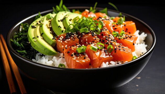Bowl of poke with salmon, avocado, and rice