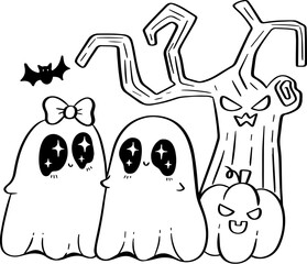 Ghost couple with Spooky Tree Line Art