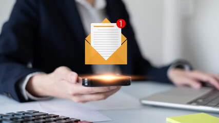 Business man receive send electronic mail email computer laptop smartphone mail marketing business...