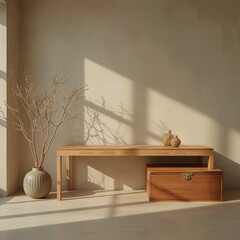 Minimalist wooden bench and chest in sunlit room