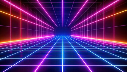 Neon grid tunnel, vibrant colors